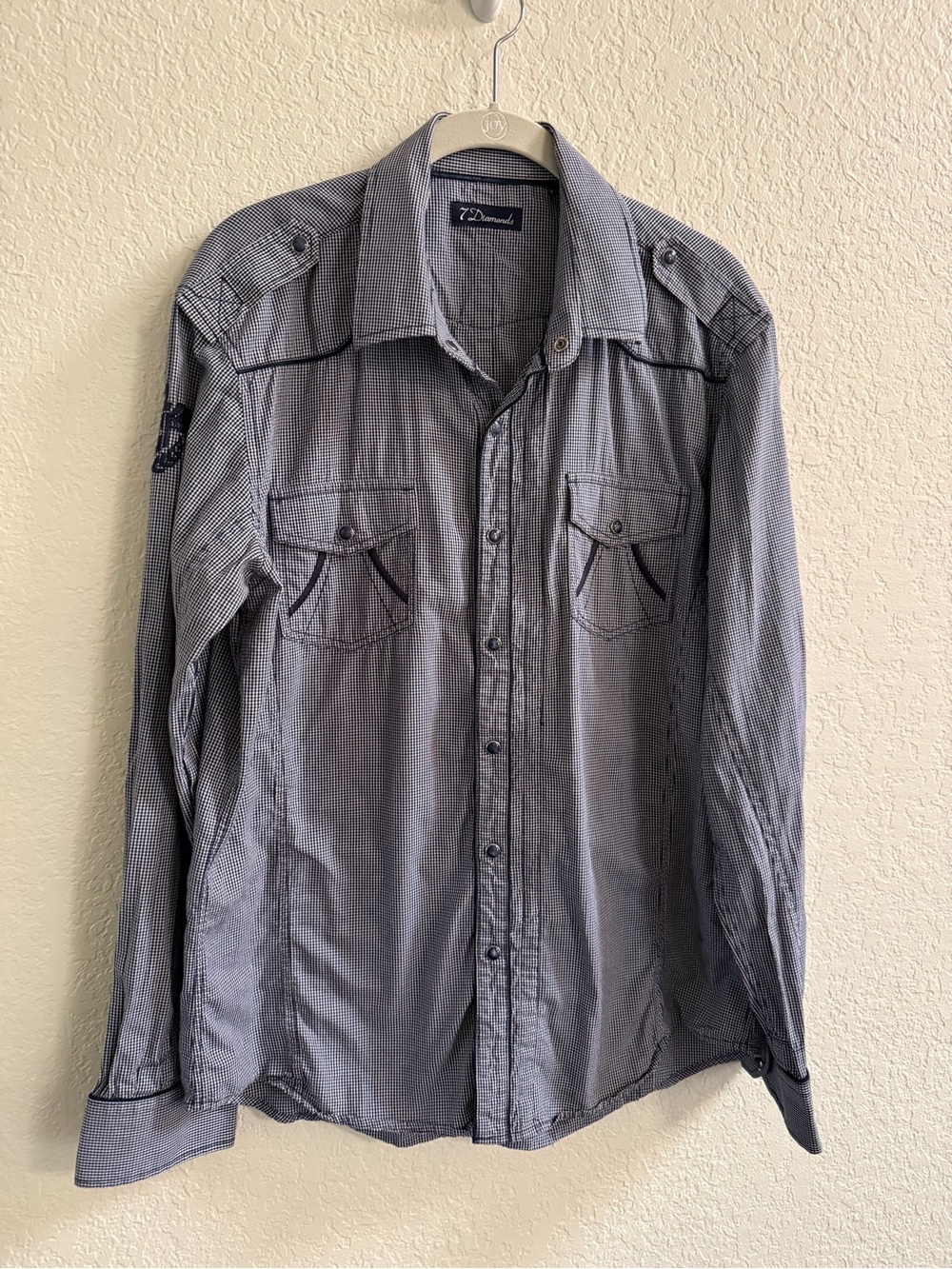 7 Diamonds Men’s Navy and White Button-Up Shirt with Zipper